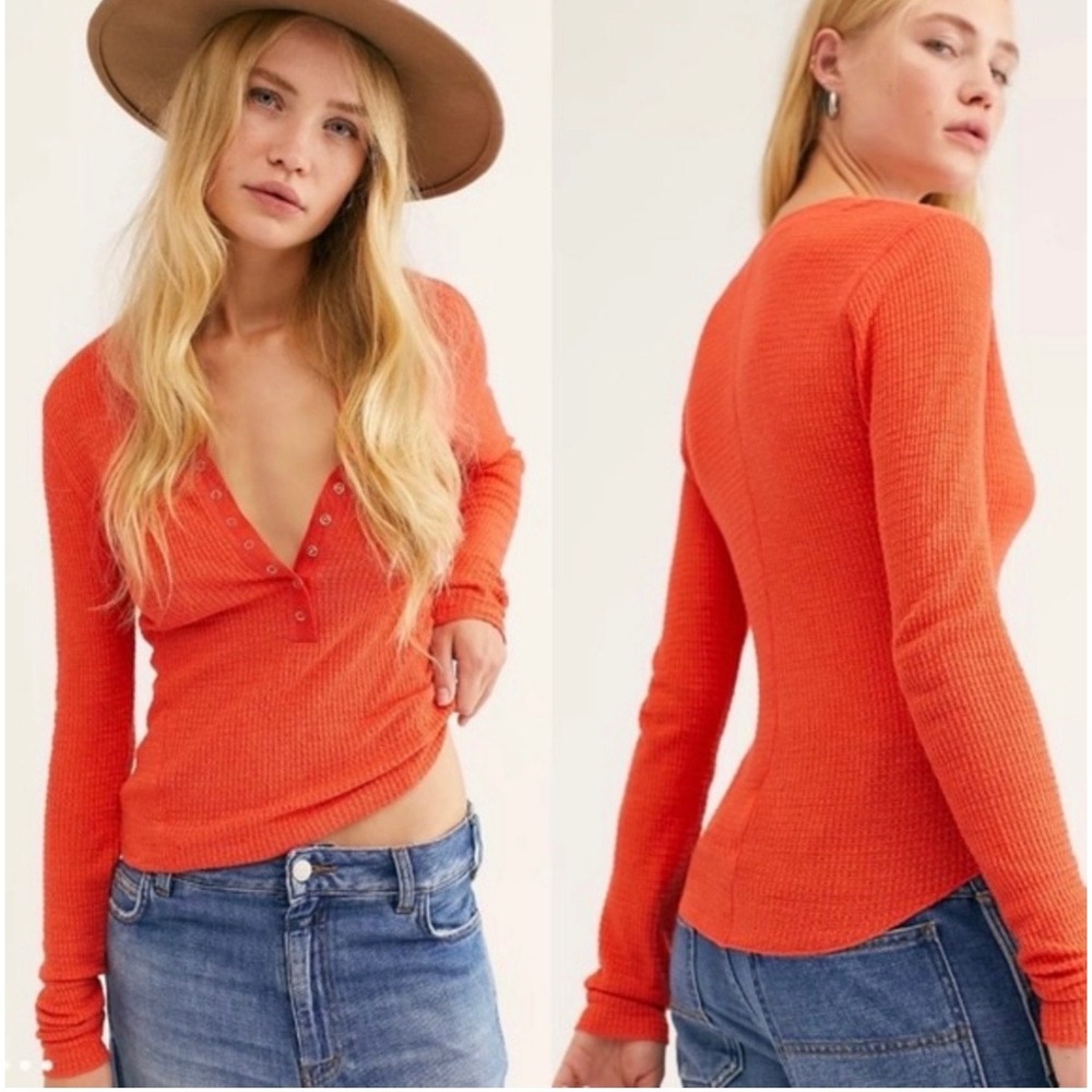 Free People One of the Girls Henley Orange Waffle Thermal Long Sleeve Top Y2K